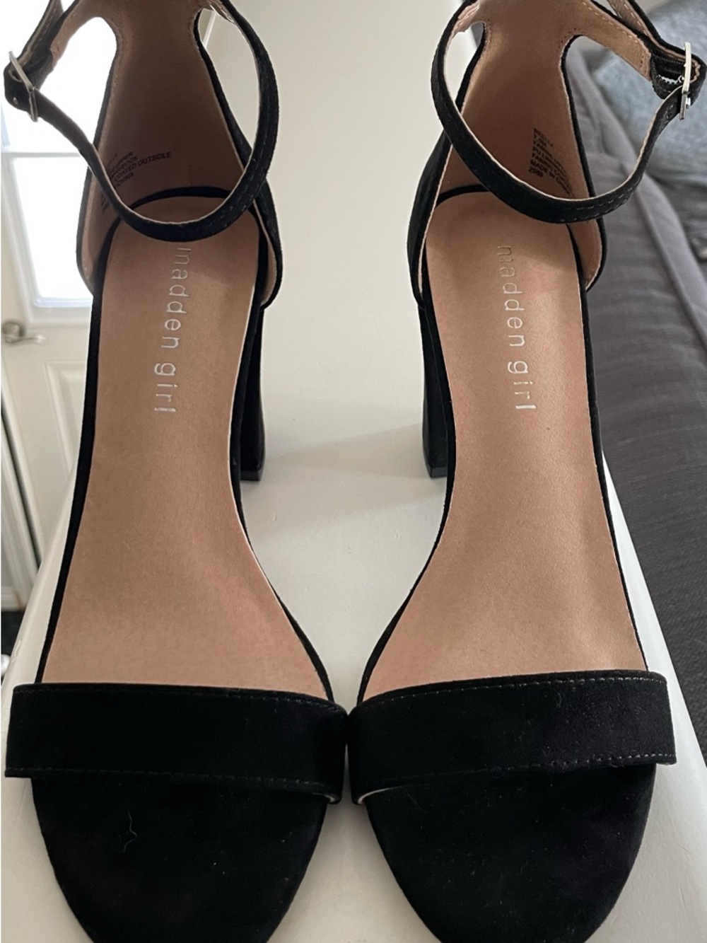 Madden Girl Black Suede Ankle-Strap Block Heels